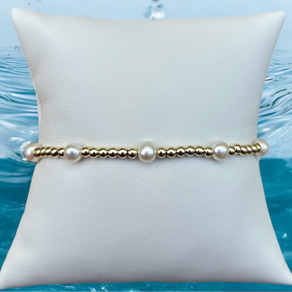 Bracelet gold filled beads stretchy REAL pearls beaded Waterproof wear in shower
